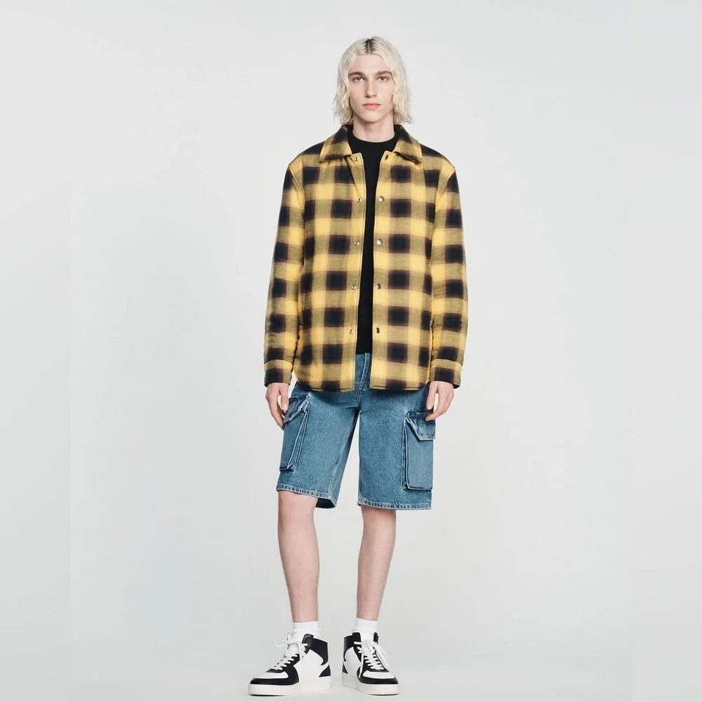 Sandro Yellow and Black Padded Shirt Jacket